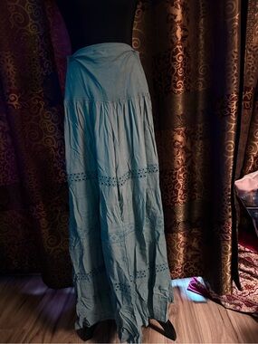 Ladies Aqua Eyelet Tiered Maxi Skirt/Pant
